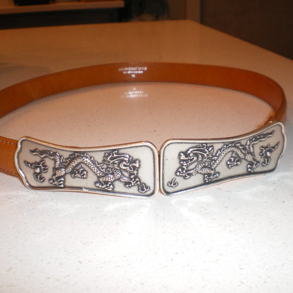 Shanghai Tang Designer Brand Tan Leather Belt Silver Dragons Buckle sz M Signed